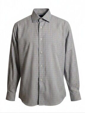Egara men's size medium tan blue white plaid non iron button down dress shirt